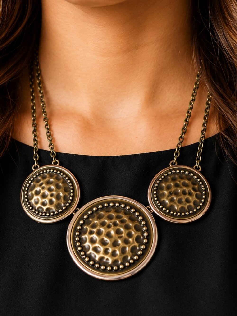 Hammered Brass Medallion Statement Necklace | Adjustable